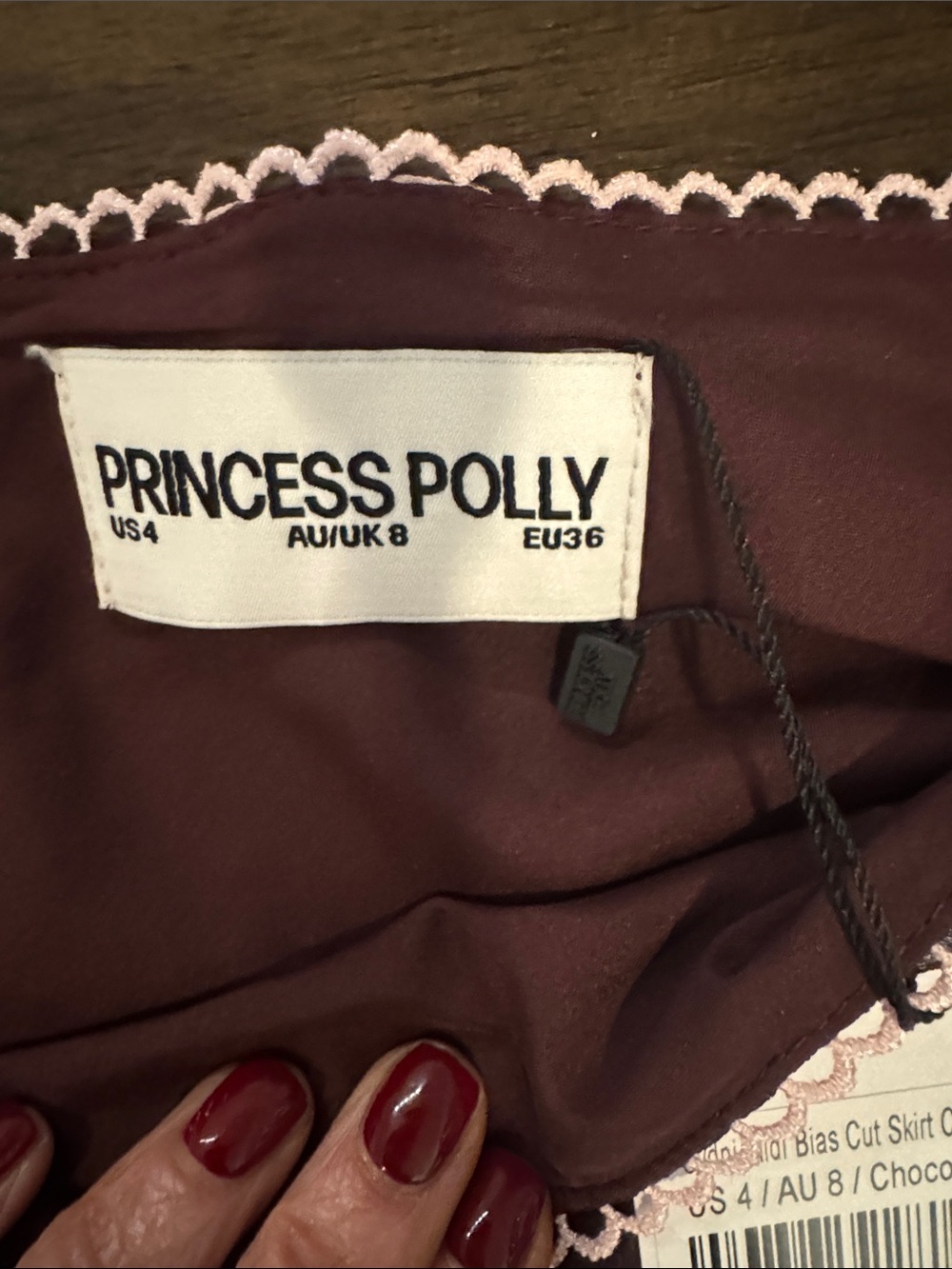 Princess Polly Burgundy A-Line Skirt with Light Pink Polka Dots - Picture 3 of 3